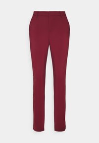 Burgundy tailored trousers in a smooth fabric with a straight leg design and belt loops. Clean lines with no visible patterns or embellishments.