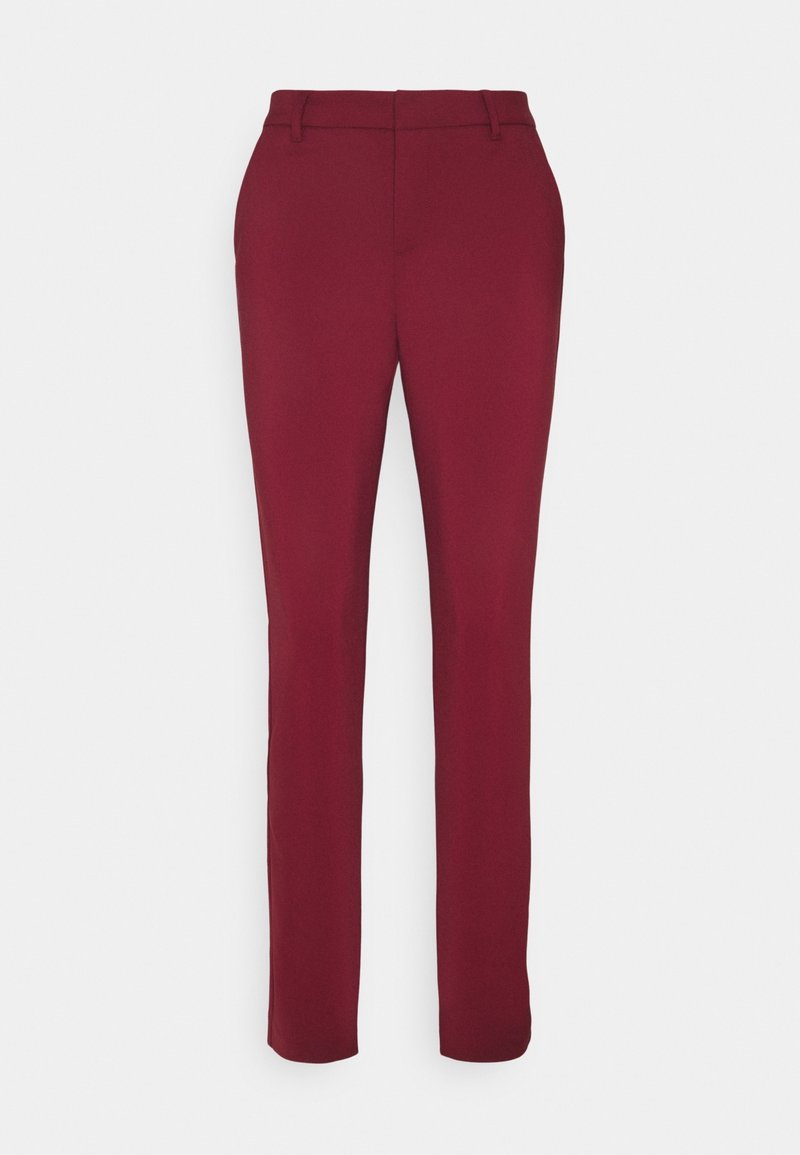 Burgundy tailored trousers in a smooth fabric with a straight leg design and belt loops. Clean lines with no visible patterns or embellishments.