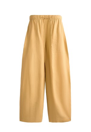 Helle gelbe, hoch-taillierte Palazzo-Hosen aus weichem Stoff mit elastischem Bund und Kordelzug. Verfügen über sichtbare Nähdetails.