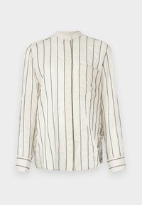 Long-sleeve shirt in cream fabric with vertical black stripes, featuring a mandarin collar, front button closure, and chest pocket.
