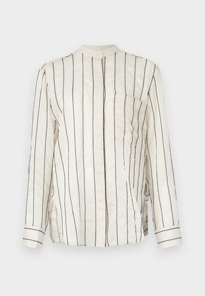Long-sleeve shirt in cream fabric with vertical black stripes, featuring a mandarin collar, front button closure, and chest pocket.
