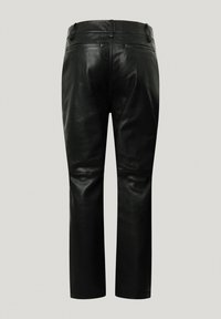 Black leather pants with a smooth texture, featuring a fitted design, two back pockets, and a straight leg cut.