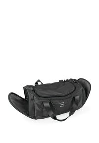 Bolsa de deporte de nylon negro con dos asas de transporte, bolsillo frontal con cremallera y compartimentos laterales expandibles para un fácil acceso y almacenamiento.