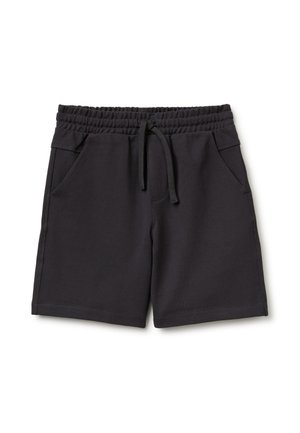 Schwarze elastische Taillenshorts mit Kordelzug und Seitentaschen, aus strukturiertem Stoff, auf weißem Hintergrund dargestellt.