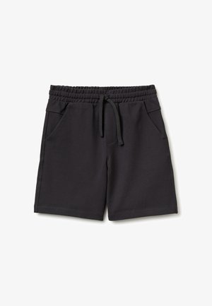 Schwarze elastische Taillenshorts mit Kordelzug und Seitentaschen, aus strukturiertem Stoff, auf weißem Hintergrund dargestellt.
