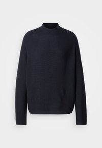 Ναυτικό πλεχτό πουλόβερ με ψηλό λαιμό, μακριά μανίκια και φαρδιά γραμμή. Μαλακή υφή, μίνιμαλ σχέδιο και χωρίς ορατά λογότυπα ή σχέδια.