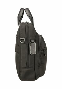 Schwarze, strukturierte Laptoptasche mit zwei gepolsterten Griffen, mehreren Reißverschlussfächern und einem markierten Gepäckanhänger an der Seite.