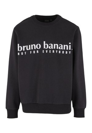 Schwarzer Sweatshirt mit langen Ärmeln, Rundhalsausschnitt und gerippten Bündchen. Weißer Text mit "bruno banani. NICHT FÜR JEDEN" auf der Vorderseite.