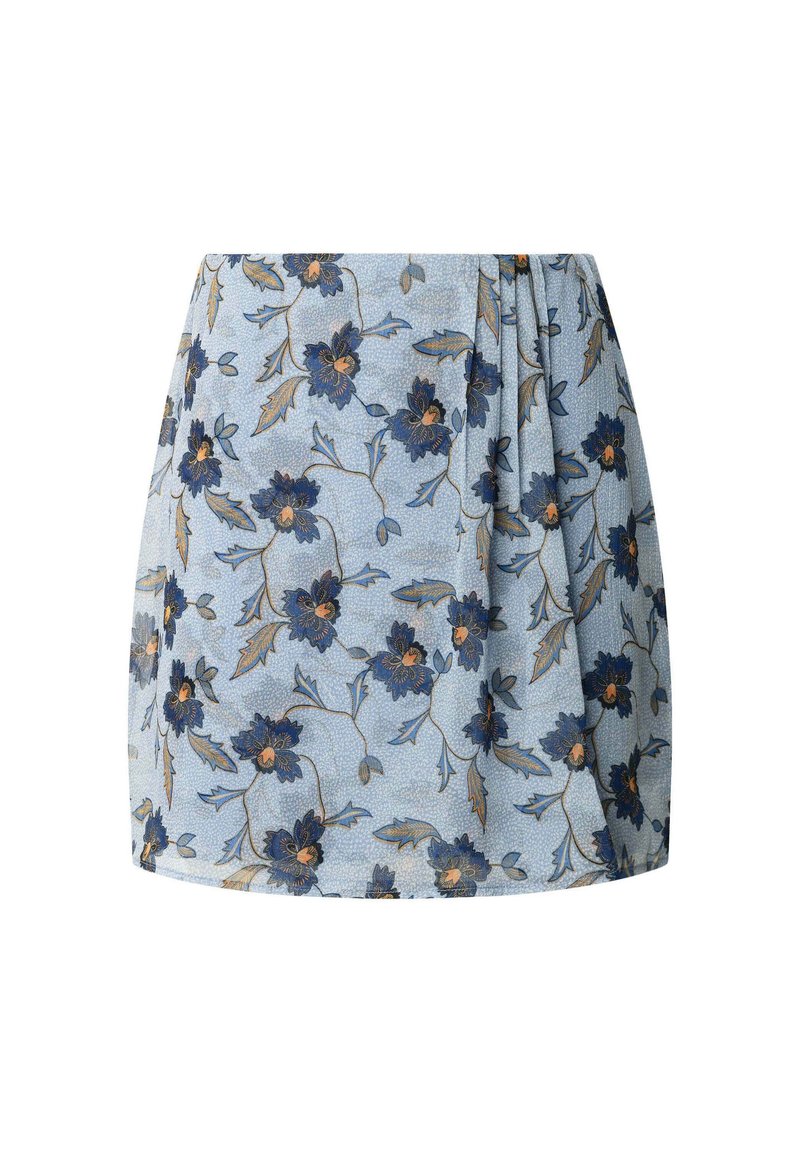 Kwiatowa mini spódnica z jasnoniebieskiego materiału, z ciemnoniebieskimi i złotymi wzorami kwiatowymi, plisowanym fasonem i gładką fakturą.