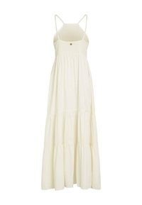 Cream-colored sleeveless maxi dress with thin straps, smocked bodice, tiered skirt, and a small round decorative button in the center front.