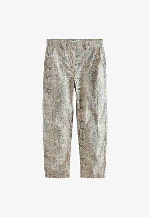 Čūsku raksta bikses ar maigu krāsu paleti, kas piedāvā brīvu piegriezumu, četras kabatas un strukturētu virsmu. Bikses ir līdz mīdzcelim.