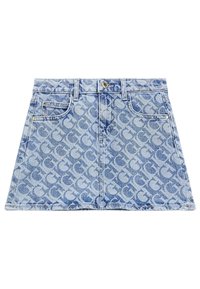 Vaaleansininen farkku-minihelma, jossa on toistuva logopaino. Varustettu kahdella etutaskulla ja kultakuosisilla yksityiskohdilla.