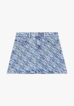 Denim mini-jurk in lichtblauw met een herhalend logo-patroon. Voorzien van twee voorzakken en accenten in goudkleurig metaal.