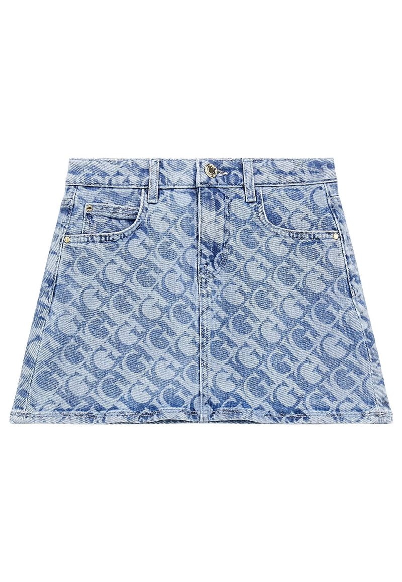 Vaaleansininen farkku-minihelma, jossa on toistuva logopaino. Varustettu kahdella etutaskulla ja kultakuosisilla yksityiskohdilla.