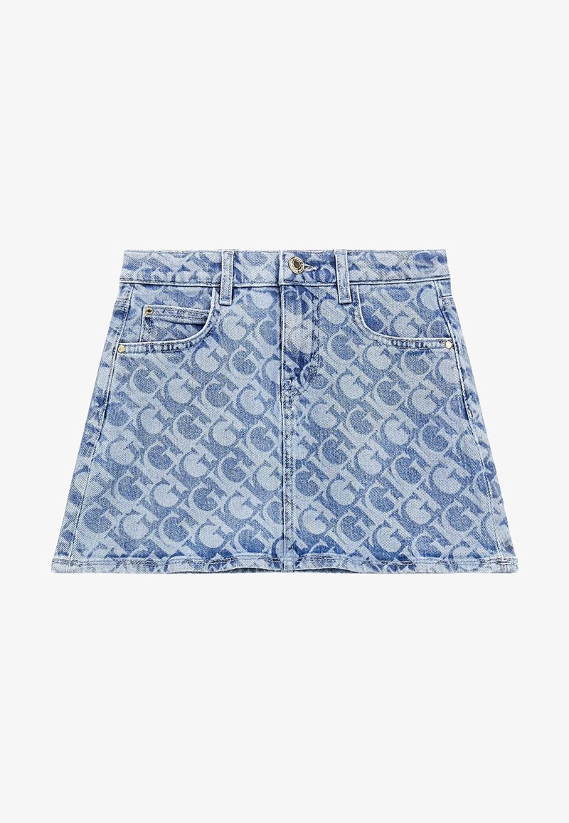 Denim mini-jurk in lichtblauw met een herhalend logo-patroon. Voorzien van twee voorzakken en accenten in goudkleurig metaal.