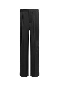 Pantaloni neri con vita alta, gamba ampia e una trama di tessuto liscia. Presentano pince frontali e chiusura laterale con bottone.
