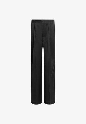 Sorte bukser med høj talje, brede ben og en glat stoftekstur. Har frontfolder og en sidelukning med knap.