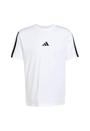 Bijela pamučna majica s kratkim rukavima, crnim trakama na ramenima i malim crnim logotipom na prsima. Mekana tekstura i klasičan kroj.