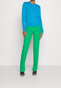 Blå stickad kofta med rund urringning och knappar, kombinerad med gröna skräddarsydda byxor och svarta öppna klacksandaler.