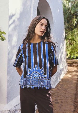 Next, Blouse - brown/blue stripe sun border print