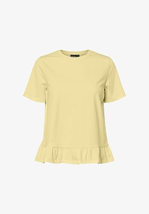 Hele kollane naiste lühikeste varrukatega pluus ümarate kaeluste ja volangidega servaga, pehme kangas, igapäevane stiil.