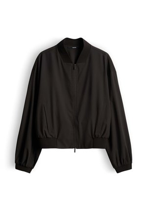 Black lightweight bomber jacket with front zipper, ribbed collar, cuffs, hem, and two front slit pockets.