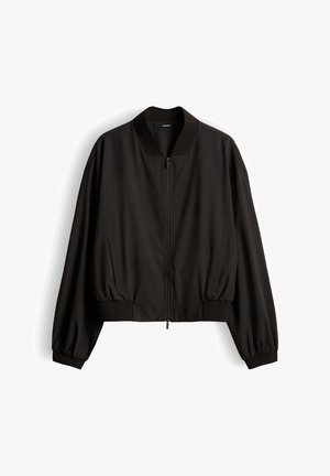 Black lightweight bomber jacket with front zipper, ribbed collar, cuffs, hem, and two front slit pockets.