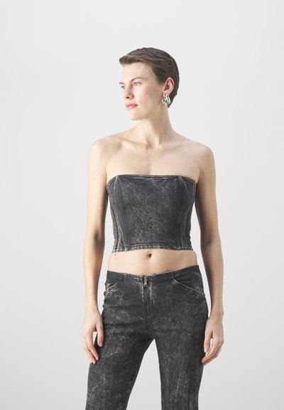 Black denim cropped strapless top with a fitted design, featuring visible stitching details and a slightly textured finish.