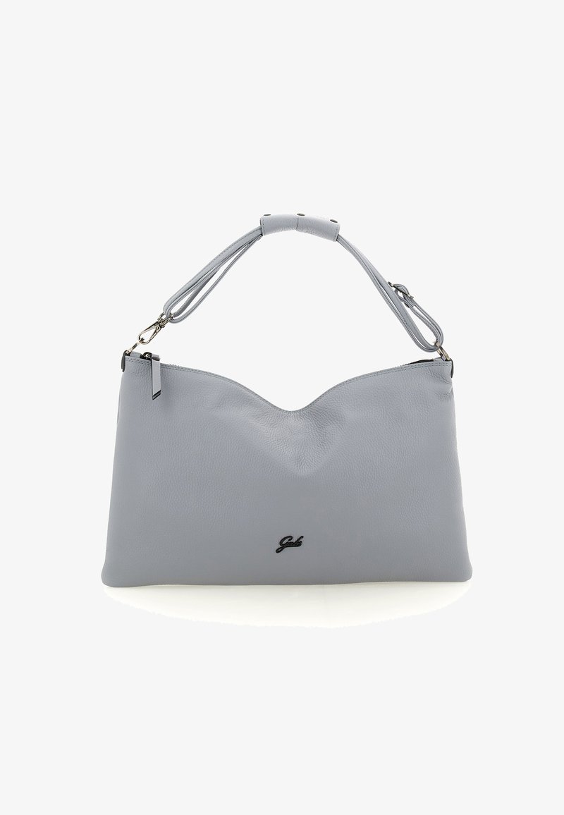 Borsa a tracolla in pelle grigia con una finitura liscia e leggermente testurizzata, bordo superiore ondulato e tracolla removibile. Presenta un dettaglio logo nero.