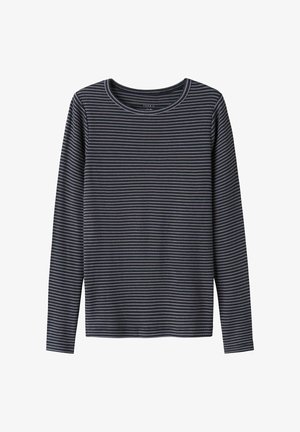 Zwarte long-sleeve shirt met dunne grijze horizontale strepen en een ronde halslijn, weergegeven op een witte achtergrond.