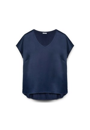 Navyblauwe T-shirt met korte mouwen en een V-hals, gemaakt van een soepele stof; heeft een licht gebogen zoom en zijzakken.