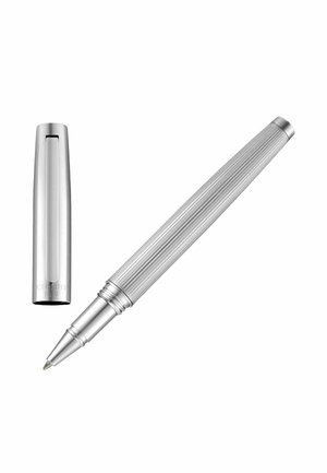 Silver metal rollerball pen with ribbed barrel and separate smooth cap engraved with "CERRUTI 1881," shown uncapped on white background.