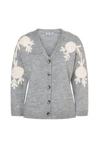 Grau gestrickter Cardigan mit V-Ausschnitt, verziert mit strukturierter, cremefarbener Blumenstickerei auf beiden Schultern und sechs dunklen Knöpfen an der Vorderseite.