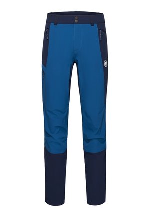 Blaue und marineblaue Outdoor-Herrenhose mit Reißverschlusstaschen und verstärkten Knie- und Knöchelpaneelen.