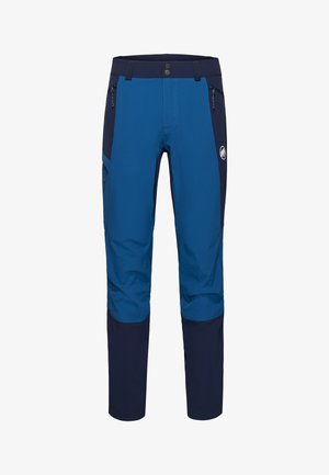 Blaue und marineblaue Outdoor-Herrenhose mit Reißverschlusstaschen und verstärkten Knie- und Knöchelpaneelen.