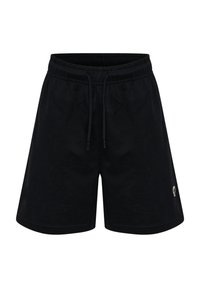 Svarta bomullsshorts med elastisk midja, dragsko och liten logodetalj på undersidan. Kommer i en avslappnad, knälång passform.