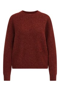 Pull en maille rouge texturé avec un col rond et des manches longues, fabriqué dans un matériau doux, présentant une coupe décontractée et un design minimaliste.