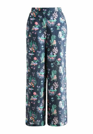 Pantaloni scuri a gamba ampia con stampe floreali e animali colorate, inclusi panda, fenicotteri, conigli e motivi corallo.