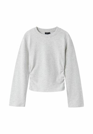T-shirt gris clair à manches longues avec col rond et légère fronce latérale, fabriqué en tissu doux, présenté sur fond blanc.