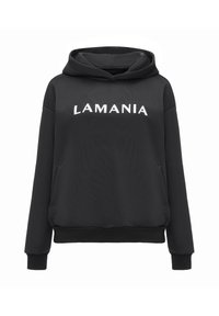 Juodas bliuzonas pagamintas iš minkštos medžiagos, su kengūros kišenėmis, gumbuotais rankovių ir apačios kraštais. Ant krūtinės baltai spausdintas žodis "LAMANIA".