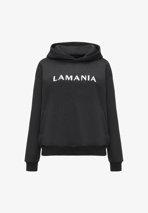 Czarna bluza z kapturem wykonana z miękkiego materiału, z kieszenią typu kangur, ściągaczami przy mankietach i u dołu. Na klatce piersiowej nadrukowane białe napisy "LAMANIA".