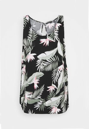 Blusa negra sin mangas con hojas tropicales grises y blancas y flores rosas, con apertura en la espalda y escote redondo.