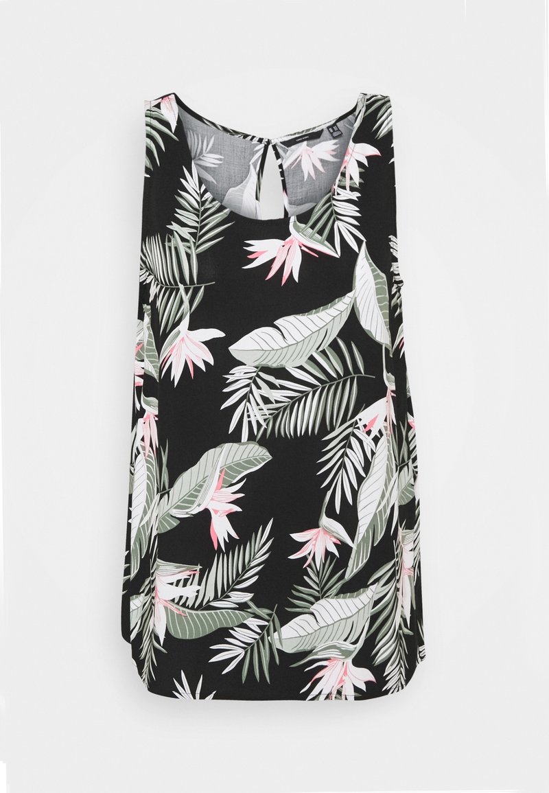 Blouse noire sans manches avec des feuilles tropicales grises et blanches et des fleurs roses, dotée d'une ouverture dans le dos et d'un col rond.