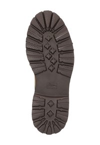 Bruine rubberen zool met diepe noppen, voorzien van een getextureerd, gepatterniseerd ontwerp voor grip; bevat het merkenlogo nabij de hak.