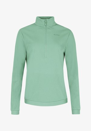 Mintgrøn quarter-zip trøje med lange ærmer. Glat overflade, ribbet materiale, med et lille logo på brystet og tætsiddende manchetter.