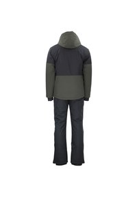 Veste d'hiver isolée et pantalon en vert foncé et noir. Caractéristiques : capuche, design rembourré et panneaux horizontaux contrastants.