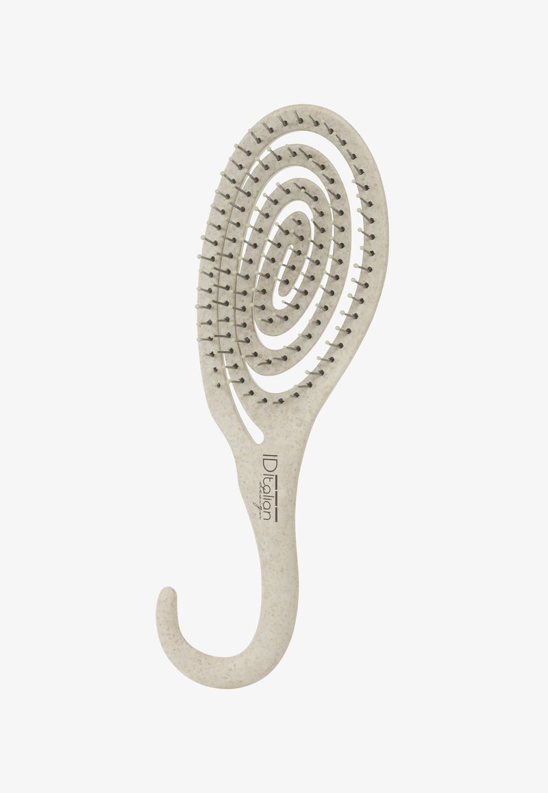 Brosse à cheveux ovale flexible avec un design en spirale, des poils en plastique à bouts arrondis, et un manche incurvé en forme de crochet pour un rangement facile.