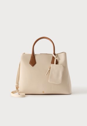 Borsa beige con manici marroni, piccola pochette allegata e tracolla staccabile, su sfondo chiaro e uniforme.
