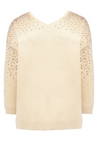 Beige sweater with a V-neck, three-quarter sleeves, adorned with copper sequins on the shoulders, featuring a soft texture and relaxed fit.