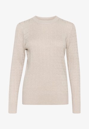 Suéter de un tono beige claro con un patrón texturizado de canalé, escote redondo y mangas largas, fabricado en una tela suave. Presenta una silueta ajustada.